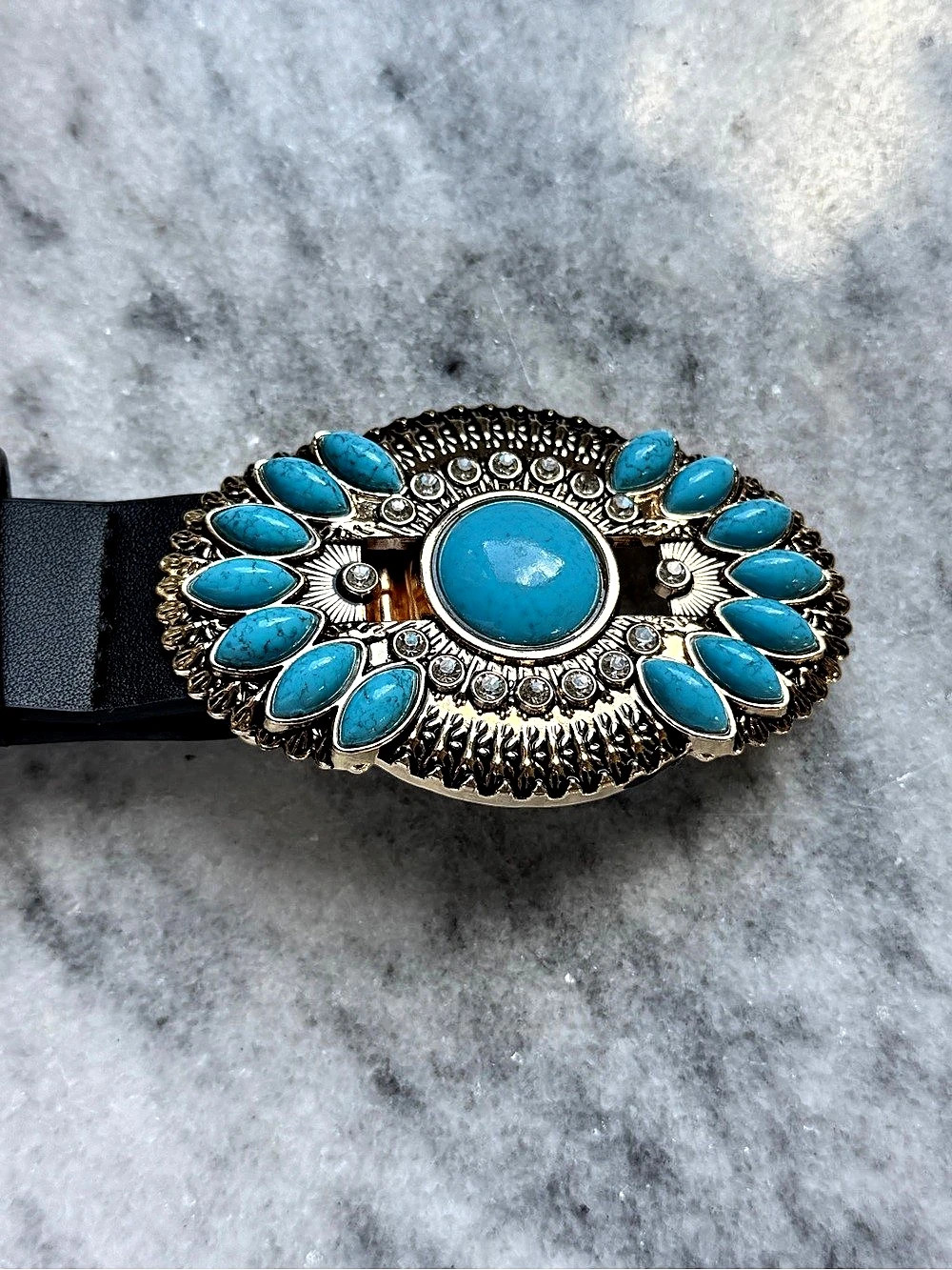 Turquoise & Silver tone Concho Buckle Belt in Black